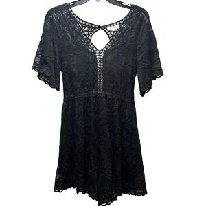 Womens Small Entro Black Lace Skort Skirt Dress Romper Keyhole Back Pearl Button